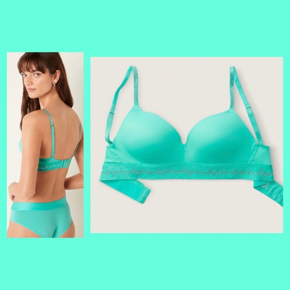 PINK wireless push up bra and panty shine set